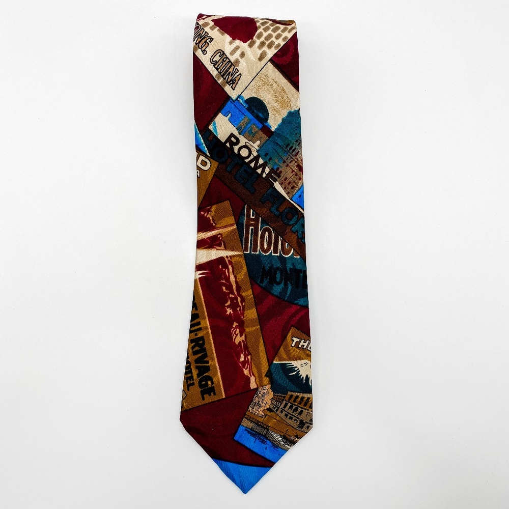 Gold City Silk Tie for Travel - Print of China, Rome, Thailand, Hong Kong Hotels